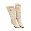 Botas Largas Adelgazantes con Punta Fina y Tacón de Aguja para Mujer, Botas Fruncidas con Hebilla de Cinturón, Botas Largas de Tacón Alto, Botas Ajustadas