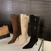 Primeiro Encontro Salto Agulha Sazonal Bico Fino Botas Acima do Joelho Botas Femininas 2026 Outono/Inverno Camurça Botas Slim Botas Longas