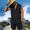 2026 Terno de Linho Masculino Europeu e Americano de Verão Transfronteiriço Praia Havaiano Lapela Camisa sem Manga Bermuda Terno para Homens