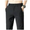 Pantalones casuales de verano para hombre, corte holgado, cintura elástica, pierna recta largos, pantalones de traje negros para primavera y otoño, estilo seda de hielo ultradelgada