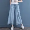 Calça larga bordada plus size 100kg perna larga, de algodão e linho, estilo retrô artístico para o verão, calça cropped casual estilo étnico para mulheres