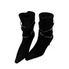 Botas de Cano Médio com Fivela Miting, Salto Alto, Bico Fino Vintage, Franzidas Emagrecedoras, Moda Outono/Inverno, Botas Slim para Mulheres
