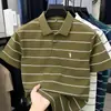 Camisa Polo de Manga Corta para Hombre de Verano, Elegante Casual de Negocios, Cuello Campana, Camiseta Fina Versátil, Camisa Básica Rayada de Alta Gama