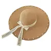 Sombrero de Paja con Cordones de Encaje Perlado para Mujer, Sombrero de Sol de Ala Ancha para Vacaciones en la Playa de Verano, Sombrero de Protección Solar con Ala Ancha