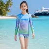 Traje de baño para niñas, elegante, casual, deportivo, con protección solar, de manga larga, conjunto de dos piezas para niños mayores y estudiantes