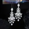 Pendientes de Borla con Forma de Gota de Agua Micropavimentados con Circonita Estilo Palacio Aguja de Plata S925 Pendientes de Corte Elegante de Alta Gama con Patrón Recortado Retro