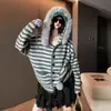 Suéter Jacket con Capucha Rayado Estilo Coreano Estilo Perezoso para Mujer Otoño e Invierno Nueva Moda Holgado Aspecto Adelgazante Cardigan de Punto Top