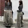 Calça Casual Cargo Wide-Leg Estilo Retrô Preguiçoso Preto Cáqui Marrom Escuro Outro Pelo de Coelho