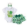 Conjunto de Três Peças Transfronteiriço para Bebê Menina Trevo de Quatro Folhas Camiseta de Manga Curta Chapéu Camiseta Trevo de Quatro Folhas Camiseta Chapéu
