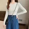 Blusa de punto de manga larga ajustada de color liso con cuello redondo, estilo coreano, para otoño e invierno, al por mayor para mujer, adecuada como prenda exterior y para mantenerse abrigada