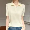 Polo de Lana Fina con Cuello de Pico, Tejido de Manga Corta, Verano, Estilo Nuevo, Solapa, Media Cremallera, Top Holgado de Color Sólido, Manga Corta para Mujer