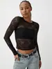Amazon Transfronterizo Europeo y Americano Nueva Camiseta Básica de Mujer Transparente Sexy Cuello Redondo Ajustada Color Sólido Manga Larga Top de Encaje