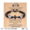 Pulseira de contas de futebol com cruz estilo esportivo bola contas de pedra preta pulseira trançada de contas ajustável com papelão