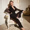 E-commerce Transfronteiriço Europeu e Americano Nova Lingerie Sexy Conjunto de Pijama e Roupa de Casa com Renda e Malha Costuradas de Manga Longa para Mulheres