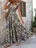 2025 Comercio Transfronterizo de Amazon Vestido Vintage Estampado de Moda Elegante Cuello en V Manga Corta Vestido Largo Ropa para Mujer