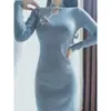 Novo Cheongsam Estilo Chinês Fivela Melhorada Vestido Azul Outono e Inverno Retrô Ladylike Elegante Cintura Afinando Saia