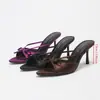 Sandalias de Tacón Alto con Punta Abierta Puntiaguda Primavera y Verano Lazo Dulce Moda de Alta Gama Elegantes Sandalias de Satén de Tacón de Aguja para Mujer