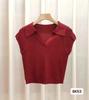 Estilo Transfronterizo Verano Nuevo Polo de Manga Corta Slim Cuello en V Camiseta Corta de Punto Color Puro Sexy Top de Moda para Mujer