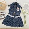 Vestido Jeans Infantil 2025 Verão Novo Lapela de Renda Vestido Vaso Saia Infantil Estilo Coreano