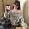 [Composito de Algodão Anti-Chinês Seda de Leite] Moletom com Ombro Inclinado Estilo Primavera e Outono para Mulheres Oversize Solto Manga Longa Off-Shoulder