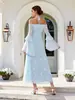 Vestido azul claro de hombros descubiertos para Amazon transfronterizo, estilo delicado, cuello halter, ceñido a la cintura, vestido ligero para fiesta anual