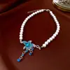 Collar de Flor con Goteo de Aceite y Perlas para Mujer, Cadena para Clavícula de Lujo Ligero de Gama Alta, Collar Versátil con Diseño Vintage al por Mayor