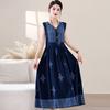 Vestido Algodão Seda Decote V para Mulheres, Estilo Verão, Aparência Emagrecedora para Meia-Idade, Moda Floral, Saia Solta, Vestido para Mãe, Saia Longa