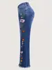 Pantalones acampanados de mezclilla azul oscuro, vintage, bordados, de tiro medio, largos hasta el suelo, para mujer, para todas las estaciones, transfronterizos