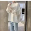Suéter Blanco Coreano para Mujer Otoño Invierno Versátil Cuello Redondo Jersey Tejido Grueso Color Sólido Suéter Cálido