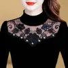 Camiseta Base de Encaje Redonda Delgada/Forrada de Felpa para Mujer, Manga Larga, Elegante Nuevo Top de Malla Ajustado para Otoño