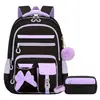 Nuevo juego de mochila escolar de tres piezas transfronteriza para estudiantes de primaria, mochila para niñas de gran capacidad con lazo, diseñada para reducir la carga, directo del fabricante