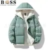 Jaqueta de Algodão Quente Masculina de Inverno Cor Sólida Estampada Manga Caída, Casaco de Algodão Confortável Larga Tendência Marca Casal com Capuz