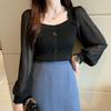 Design Sense Niche Sweater Francês Clavícula Gola Quadrada Top Chiffon Manga Longa Costurado Malha Sweater para Mulheres