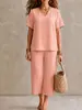 Conjunto de Camisa Casual de Manga Corta con Cuello en V de Color Sólido para Mujer, Transfronterizo Europeo y Americano, con Diseño de Cintura Elástica y Pantalones de Pierna Ancha, Cómodo y Versátil