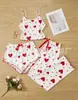 Ropa de casa caliente para mujer, nuevo diseño transfronterizo, estampado de corazón, conjunto de tres piezas para mujer, traje de pijama en Europa y Estados Unidos
