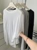 Camisa de proteção solar com gola redonda e tencel dividida, blusa feminina solta casual microtransparente, camiseta de verão fina de malha drapeada e manga comprida