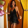 Amazon Europeu e Americano transfronteiriço vestido de noite vestido feminino sexy saia de quadril glitter borla multicamadas saia de alças