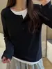 Camiseta de manga larga estilo Henry para mujer, con efecto de dos piezas, textura acanalada, efecto adelgazante, diseño en capas y bajo de contraste, perfecta como capa interior