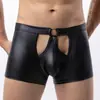 Cueca Boxer Masculina de Couro PU, Roupa Íntima Sexy de Couro Sintético, Roupa Íntima com Design U Convexo, Roupa Íntima com Botão Destacável, Cueca de Cintura Baixa com Abertura na Virilha