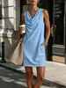 2026 Nuevo Verano Europeo y Americano Transfronterizo Estación Independiente de Amazon Color Sólido para Mujer Vestido Holgado sin Mangas con Cuello de Columpio