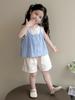 Traje a cuadros de dos piezas falso para niñas Traje de verano 2025 Nuevo Traje de verano moderno para niños Traje de dos piezas de pantalones cortos para bebé