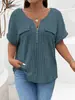 2025 Amazon Primavera/Verano Nuevo Top de Color Sólido Talla Grande para Mujer Cremallera Manga Corta Bolsillo Falso Jersey Camiseta Ajuste Holgado