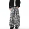 Calça Jeans Camuflada Masculina Estilo Hip-Hop Americano para Primavera e Outono com Cintura Reversa Única, Modelagem Solta, Calça Wide Leg Lavada
