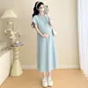 Vestido de maternidad de verano, nuevo estilo, refrescante, fresco, de manga corta, con solapa, longitud media, adelgazante, elástico, tipo polo, largo
