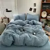 Juego de Cama de Cuatro Piezas de Algodón Lavado Clase A para Dormir Desnudo en la Cama, Funda Nórdica de Lino Color Sólido, Sábana Plana, Sábana Ajustable, Juego de Tres Piezas para Dormitorio Estudiantil