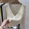 Cardigã de Tricô, Estilo Verão Fino, Peça de Roupa Feminina, Gola V, Seda de Gelo Branca, Início da Primavera, Jaqueta de Proteção Solar Estilo Chanel, Top Curto
