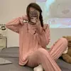 Pijama feminino outono 2022 calça de manga comprida cardigã solto terno fofo doce coreano para casa