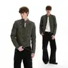 Jaqueta retrô americana de gola alta e abotoamento duplo, design unissex, estilo court, corte slim, jaqueta jeans desgastada com botões decorativos, moderna