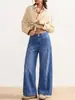 Yt04 Novo Estilo Calça Jeans Feminina Slim Fit Cintura Baixa Solta Bolsos Frontais Costurados Perna Reta Larga Lavada