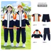 Uniformes de Jardim de Infância, Uniformes Esportivos de Ensino Fundamental, Conjunto de Quatro Peças Laranja Vibrante Color-Blocking, Conjunto de Jaqueta de Manga Curta para Foto de Formatura